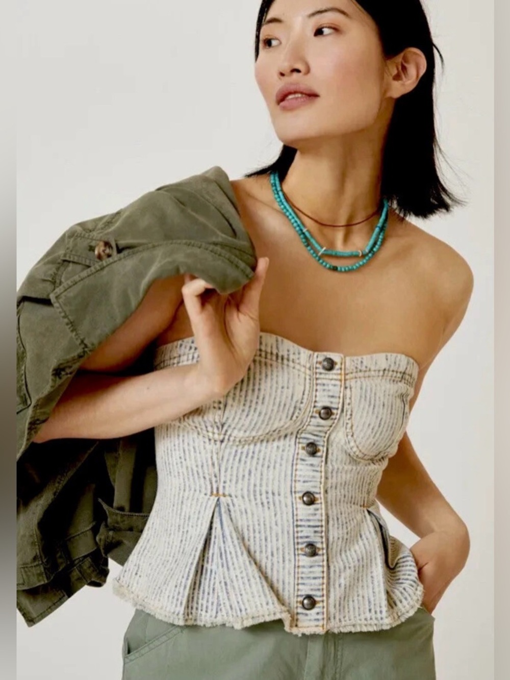 NWT Anthropologie x Pilcro Striped Denim Corset Peplum Top size L